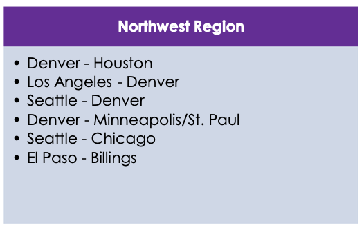 Northwest Region • Denver - Houston • Los Angeles - Denver • Seattle - Denver • Denver - Minneapolis/St. Paul • Seattle - Chicago • El Paso - Billings